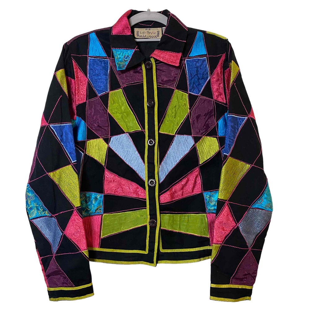 Life Style Womens Black Green Blue Pink Patchwork Vintage Artistic Jacket Size S